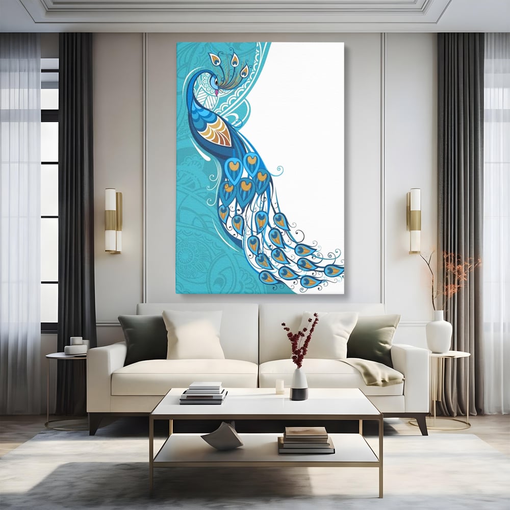 Tablou canvas cu ilustratie digitala cu paun si pene, fara rama, pe sasiu de lemn, pe perete intr-un living